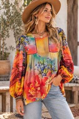Blank London Vibrant Babydoll Scarfy L Sleeve Colorful Floral Shirt. Ladies Med